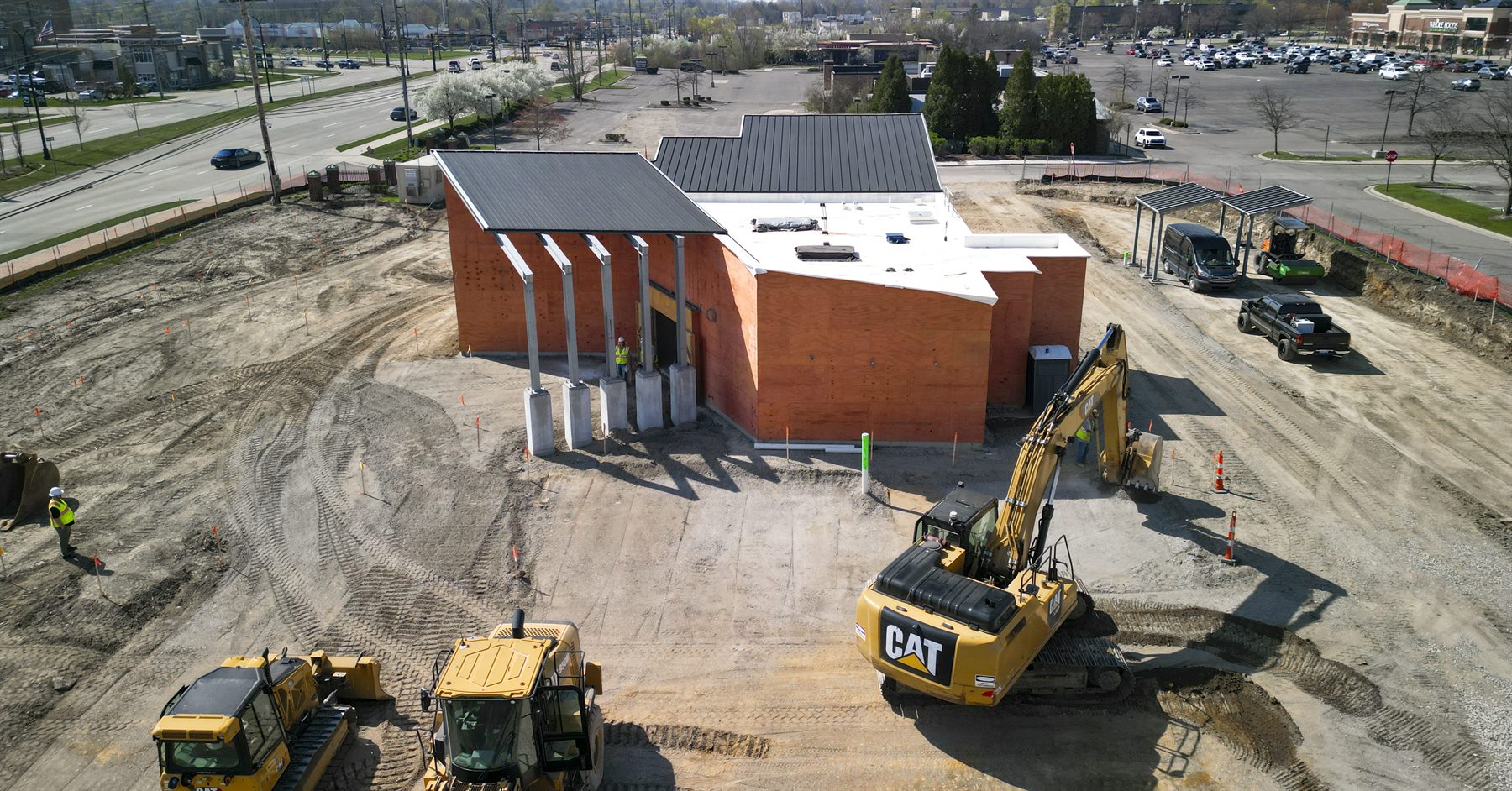 Aerial view of an active Metro Detroit construction site