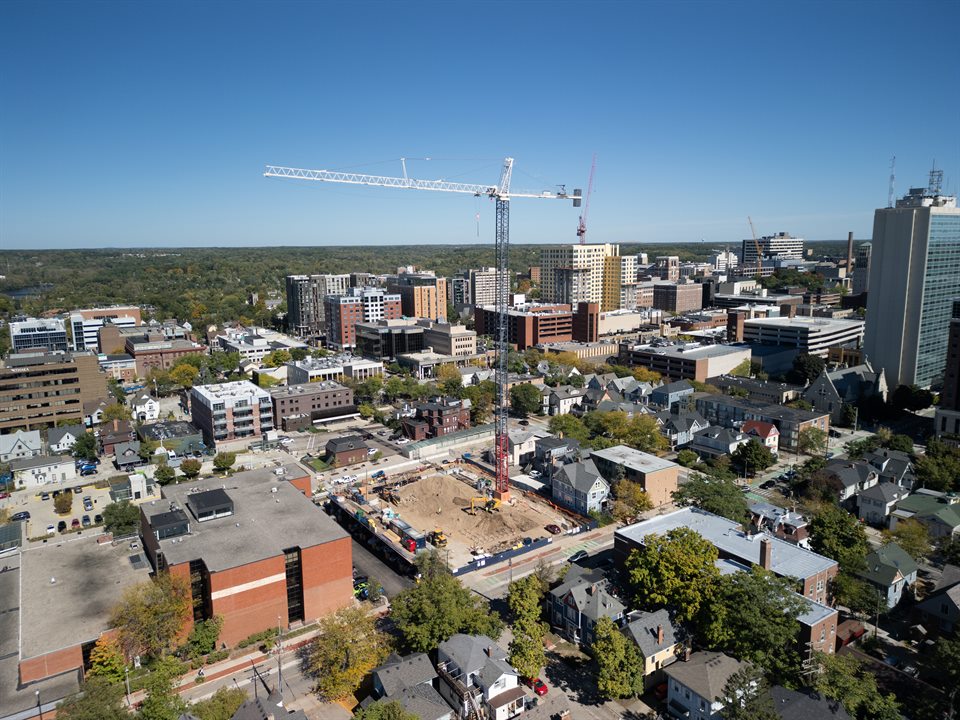 Wide aerial panorama of a commercial build